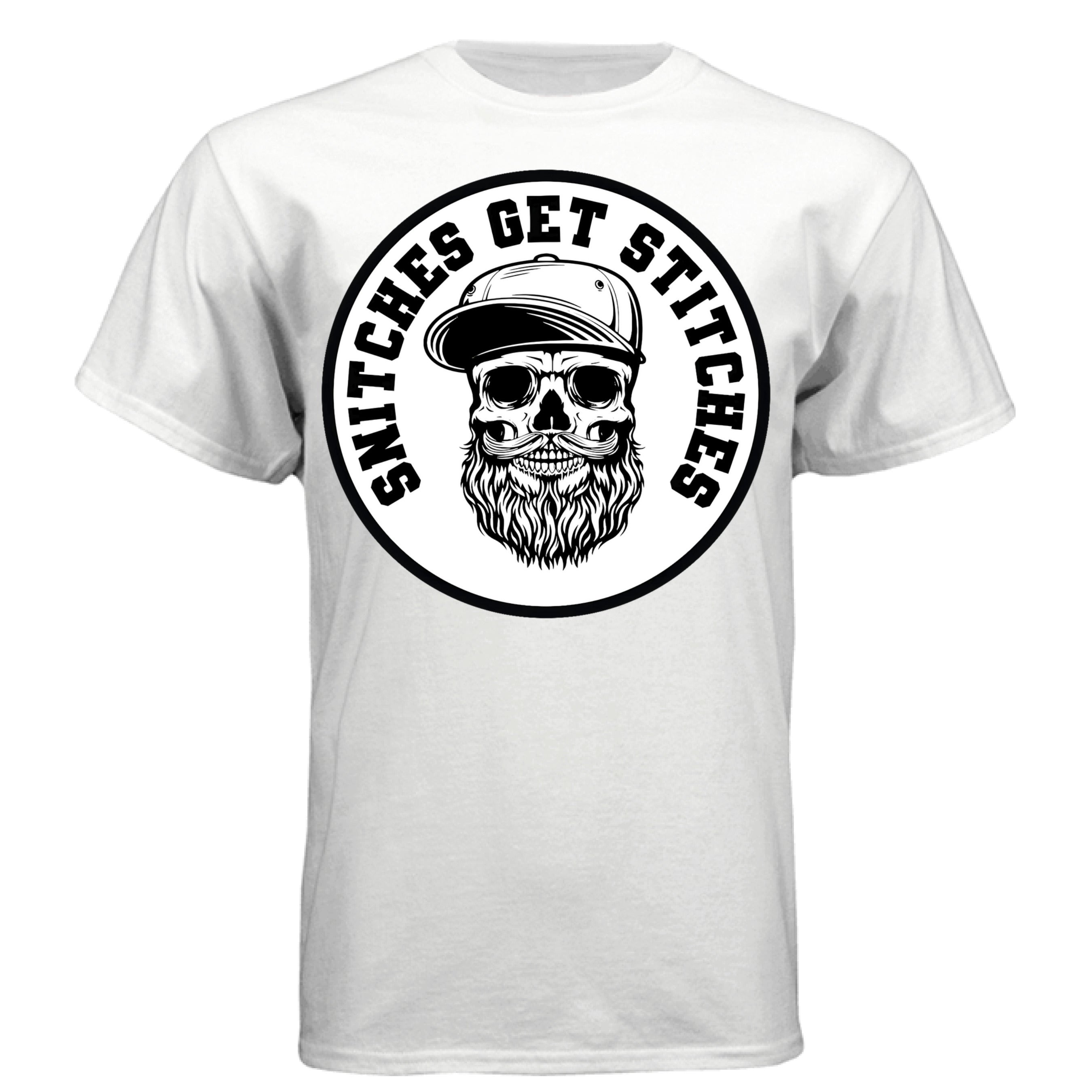 Bearded Snitches Get Stitches Skull Beard Graphic T-Shirt with Streetwise Attitude WHITE - FRONT