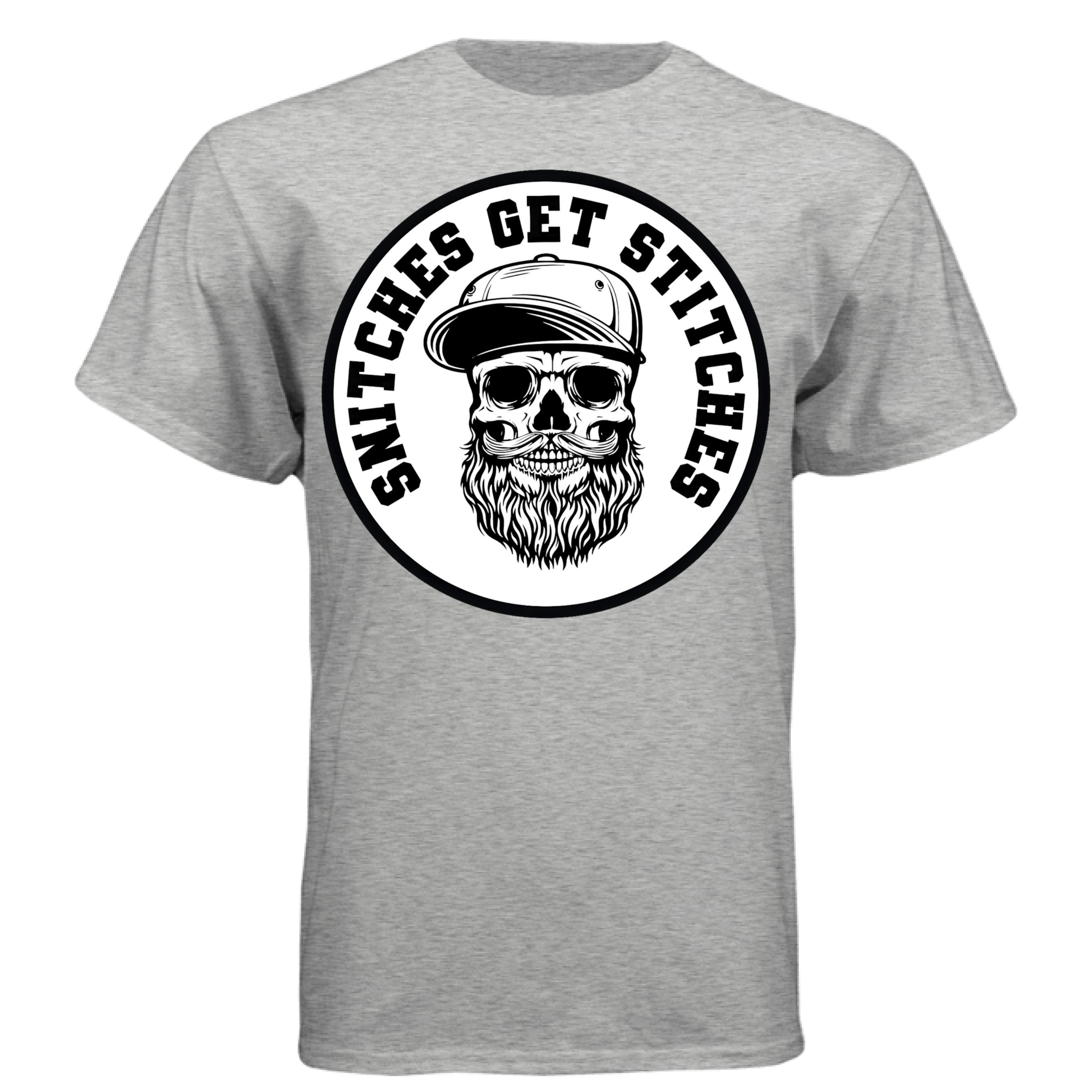Bearded Snitches Get Stitches Skull Beard Graphic T-Shirt with Streetwise Attitude LIGHT STEEL - FRONT