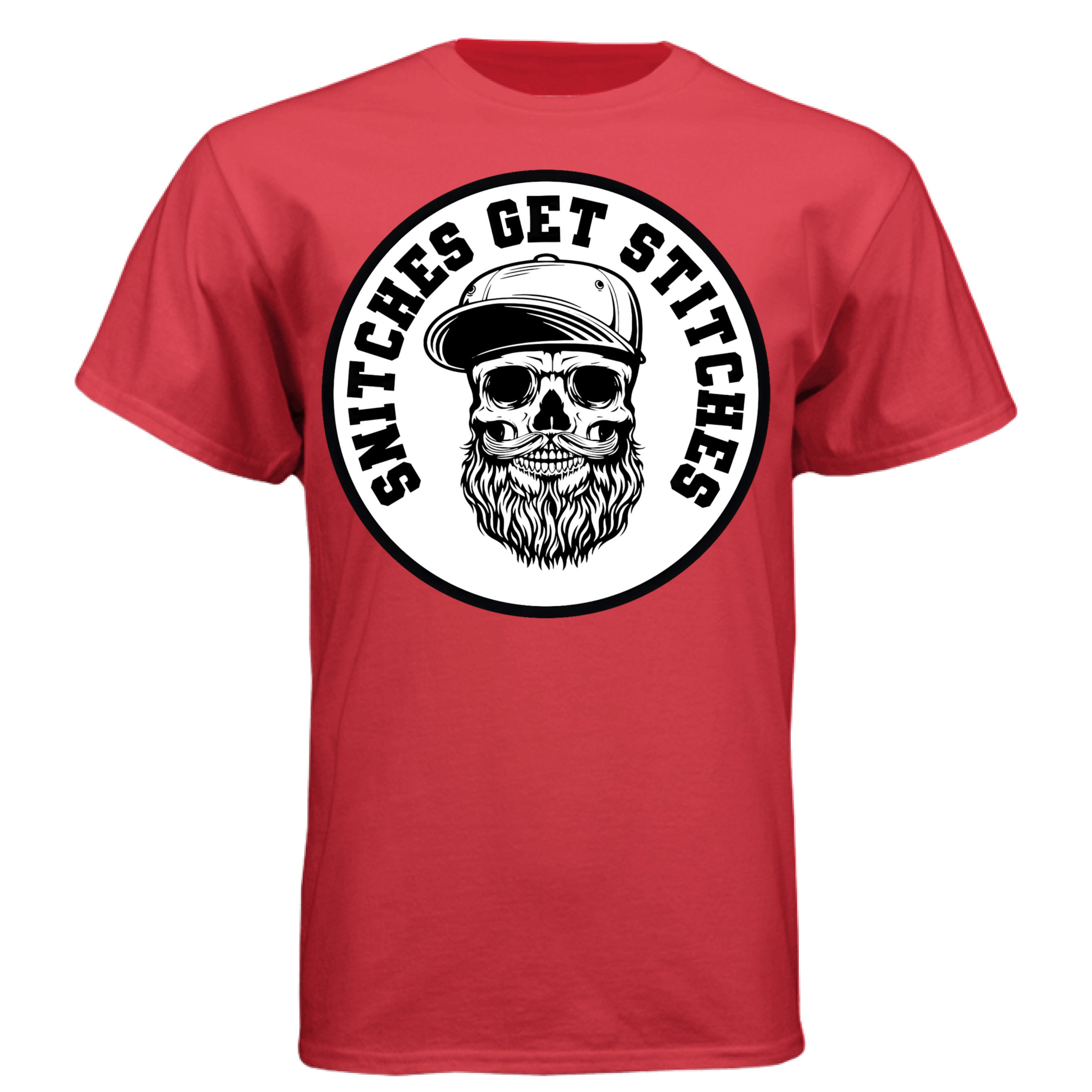 Bearded Snitches Get Stitches Skull Beard Graphic T-Shirt with Streetwise Attitude DEEP RED - FRONT