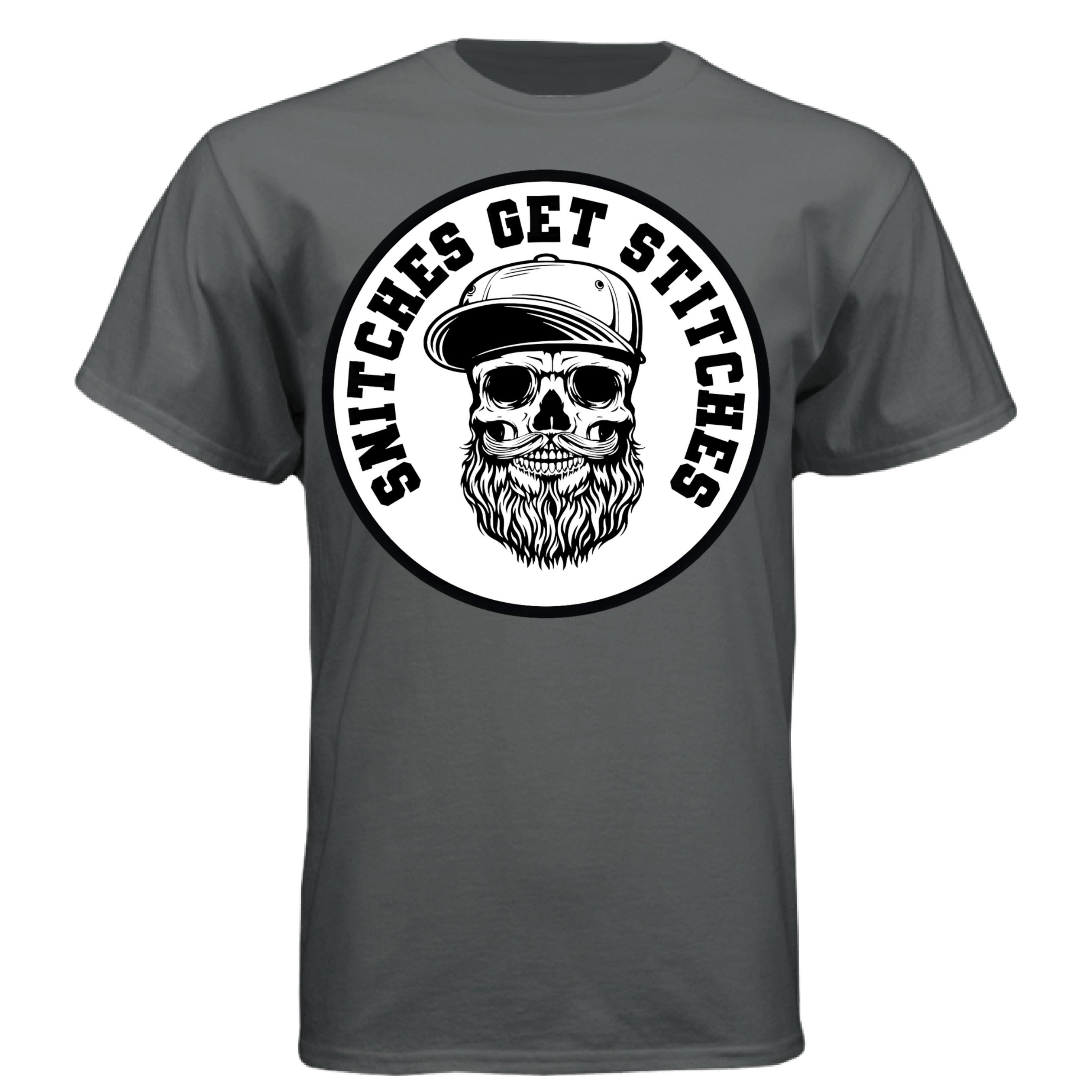 Bearded Snitches Get Stitches Skull Beard Graphic T-Shirt with Streetwise Attitude CHARCOAL HEATHER - FRONT