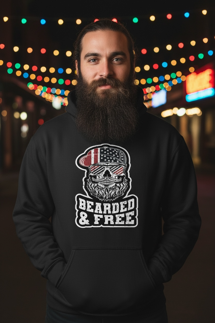 Bearded and Free Skull Hoodie Design Vintage Patriotic Beard
