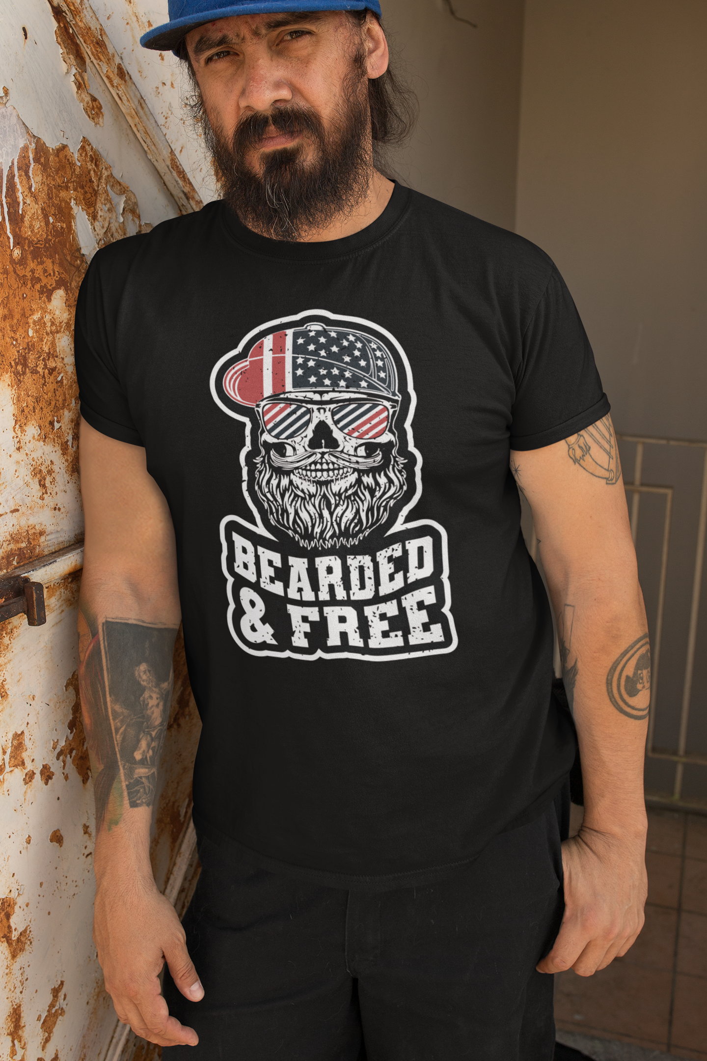 Bearded and Free Skull T-Shirt Design Vintage Patriotic Beard