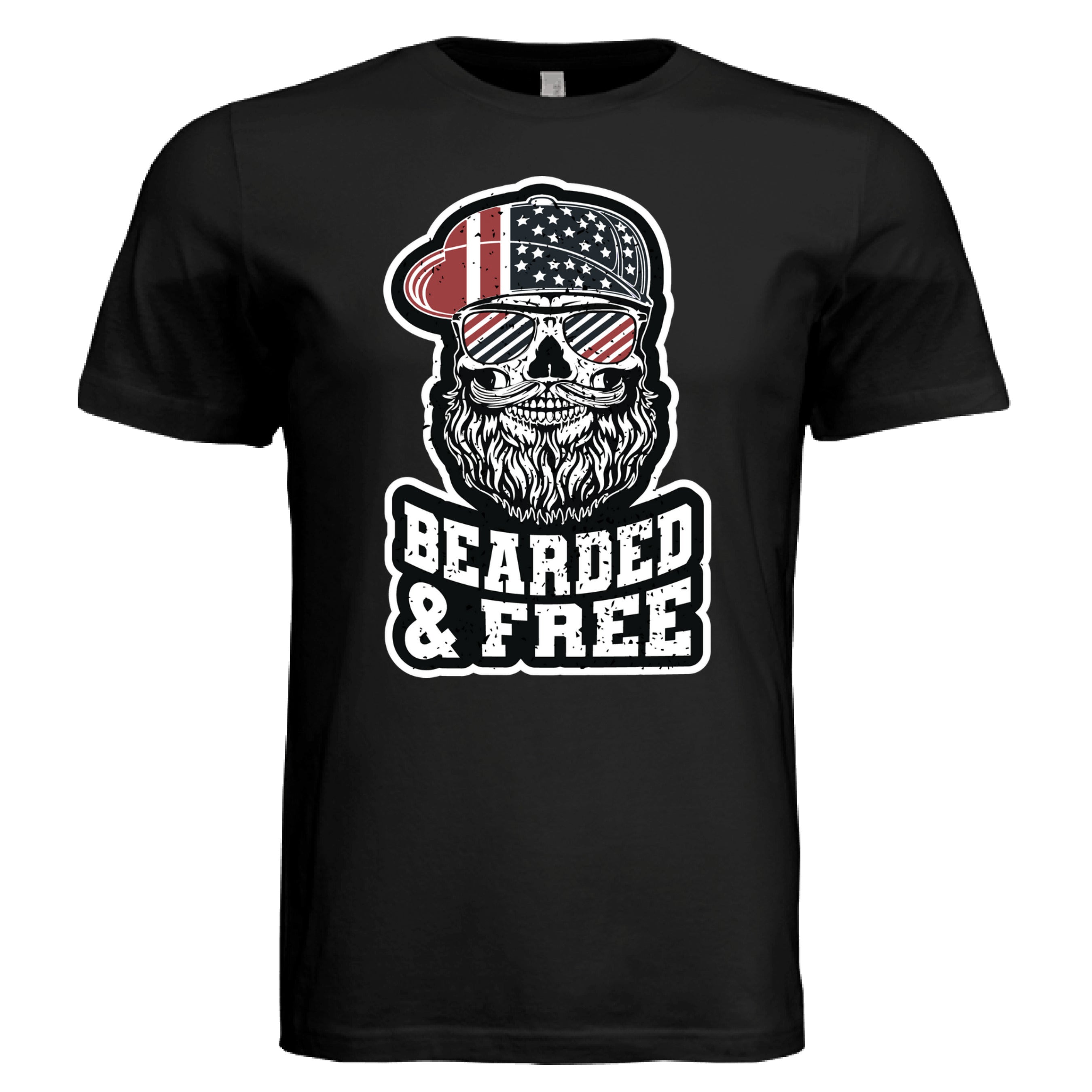 Bearded and Free Skull T-Shirt Design Vintage Patriotic Beard Art BLACK - FRONT