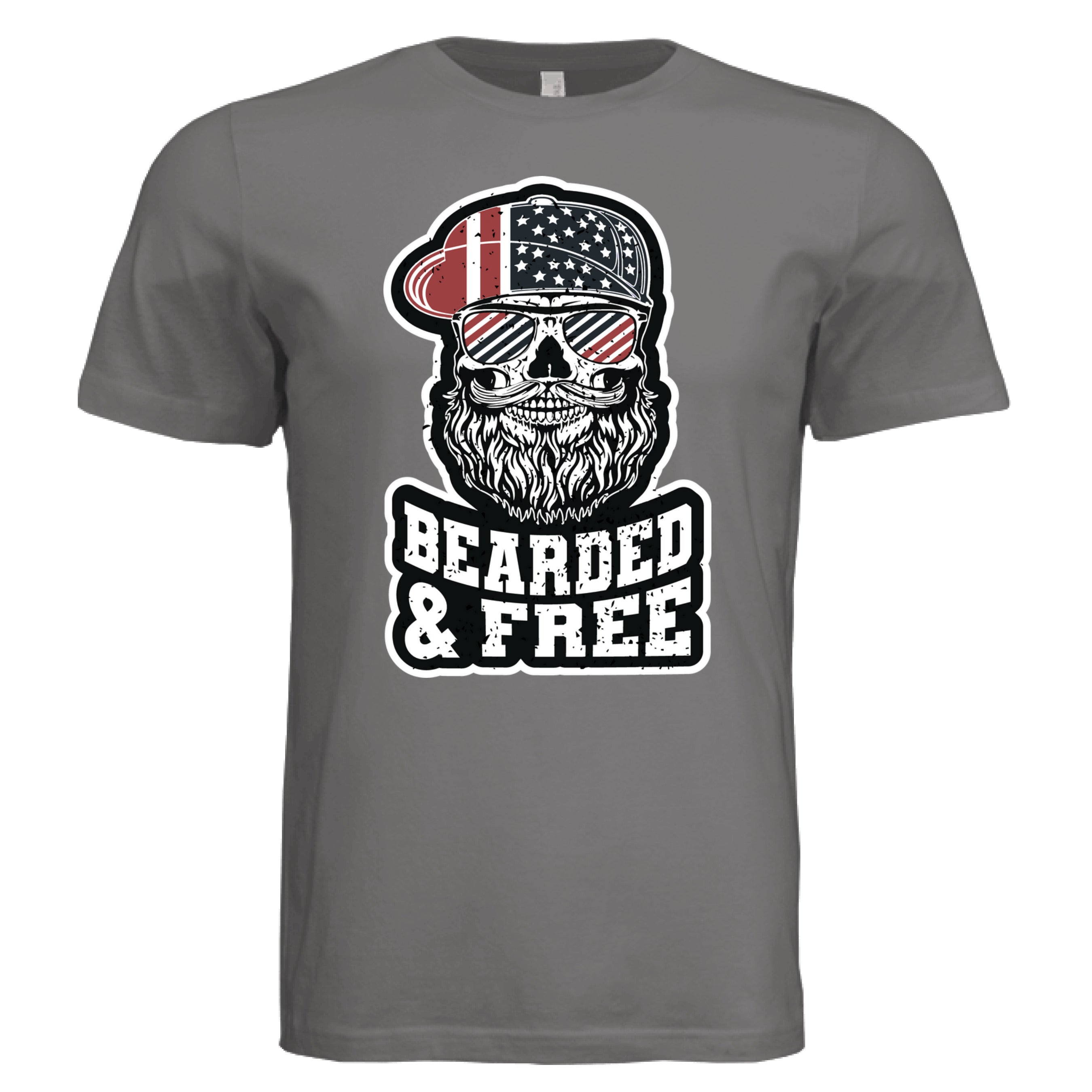 Bearded and Free Skull T-Shirt Design Vintage Patriotic Beard Art  DARK GREY - FRONT