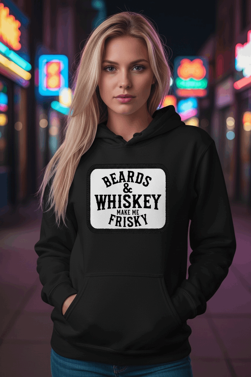 Beards & Whiskey Make Me Frisky Vintage Humor Hoodie front view , Beards & Whiskey Make Me Frisky Vintage Humor Hoodie graphic detail  ,Beards & Whiskey Make Me Frisky Vintage Humor Hoodie side angle,  Vintage humor beard whiskey hoodie close up