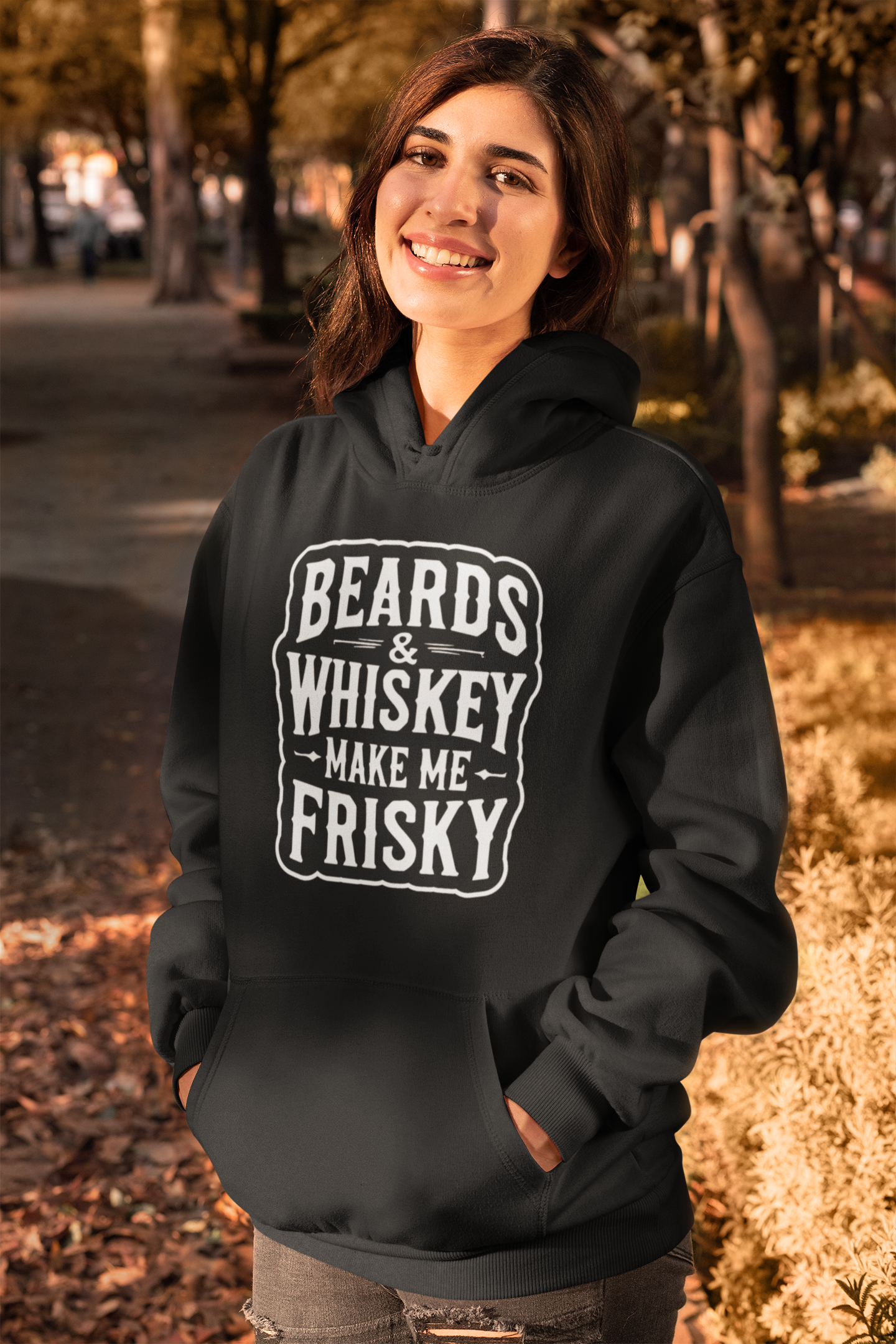 Beards & Whiskey Make Me Frisky Ladies Gildan Hoodie 