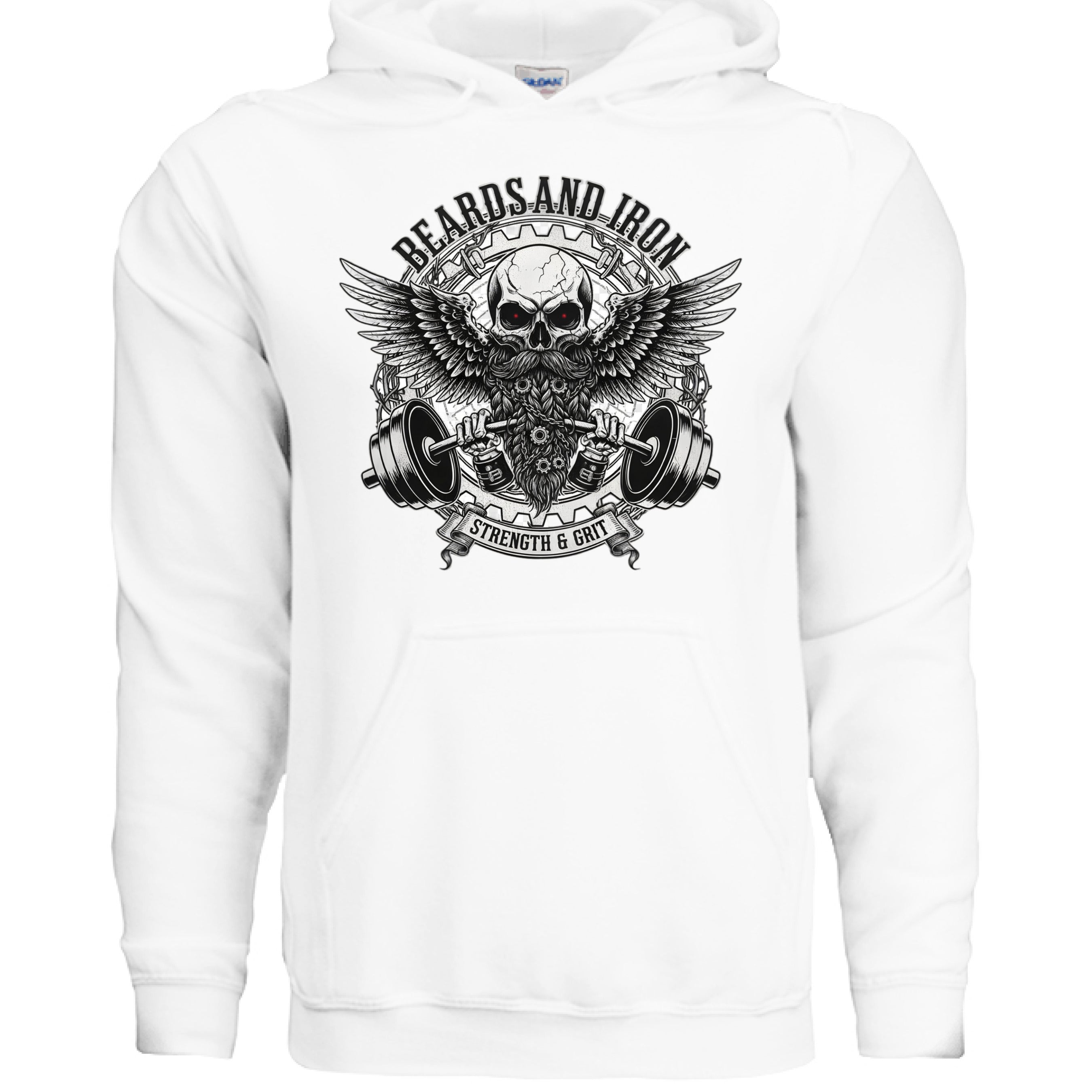 Beards and Iron Strength & Grit Hoodie Bearded Skull Lifting WHITE - FRONT