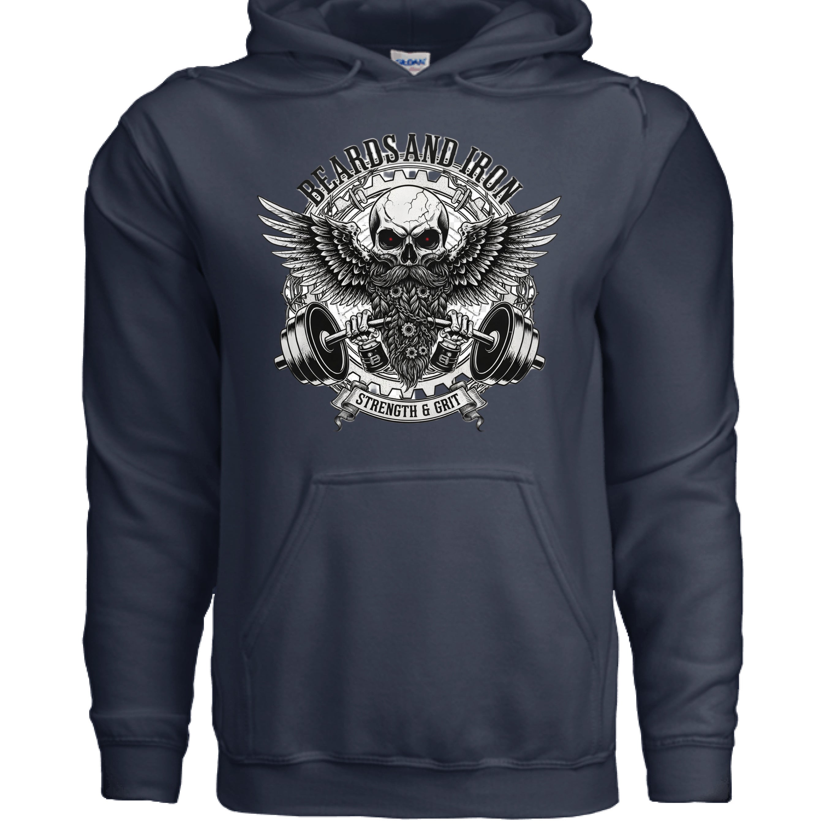 Beards and Iron Strength & Grit Hoodie Bearded Skull Lifting  NAVY - FRONT