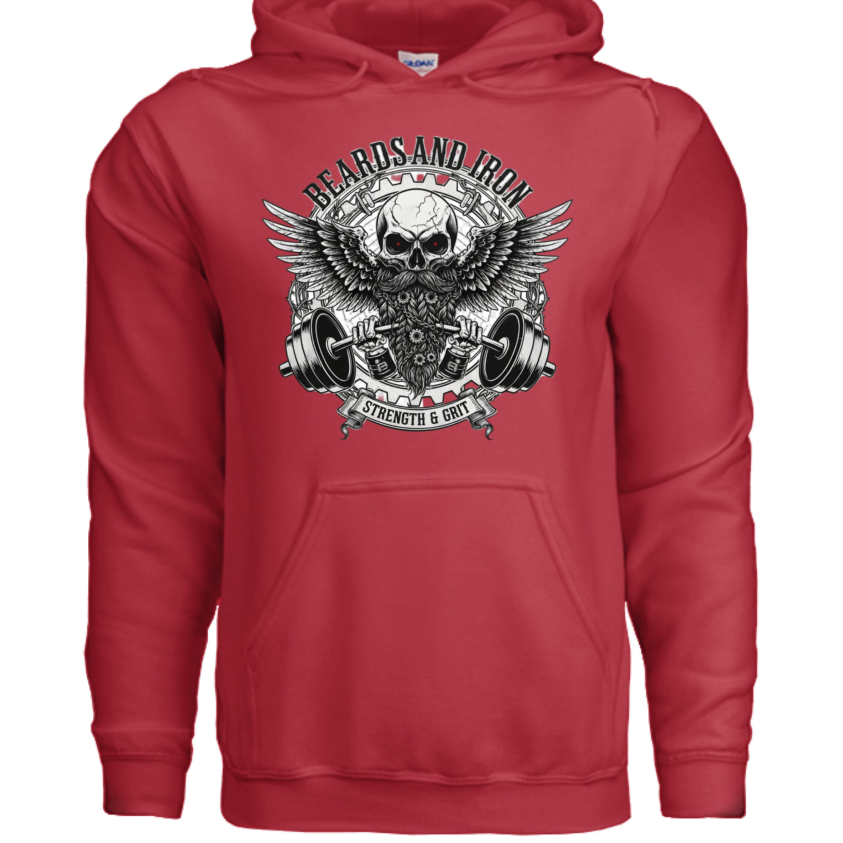 Beards and Iron Strength & Grit Hoodie Bearded Skull Lifting  RED - FRONT
