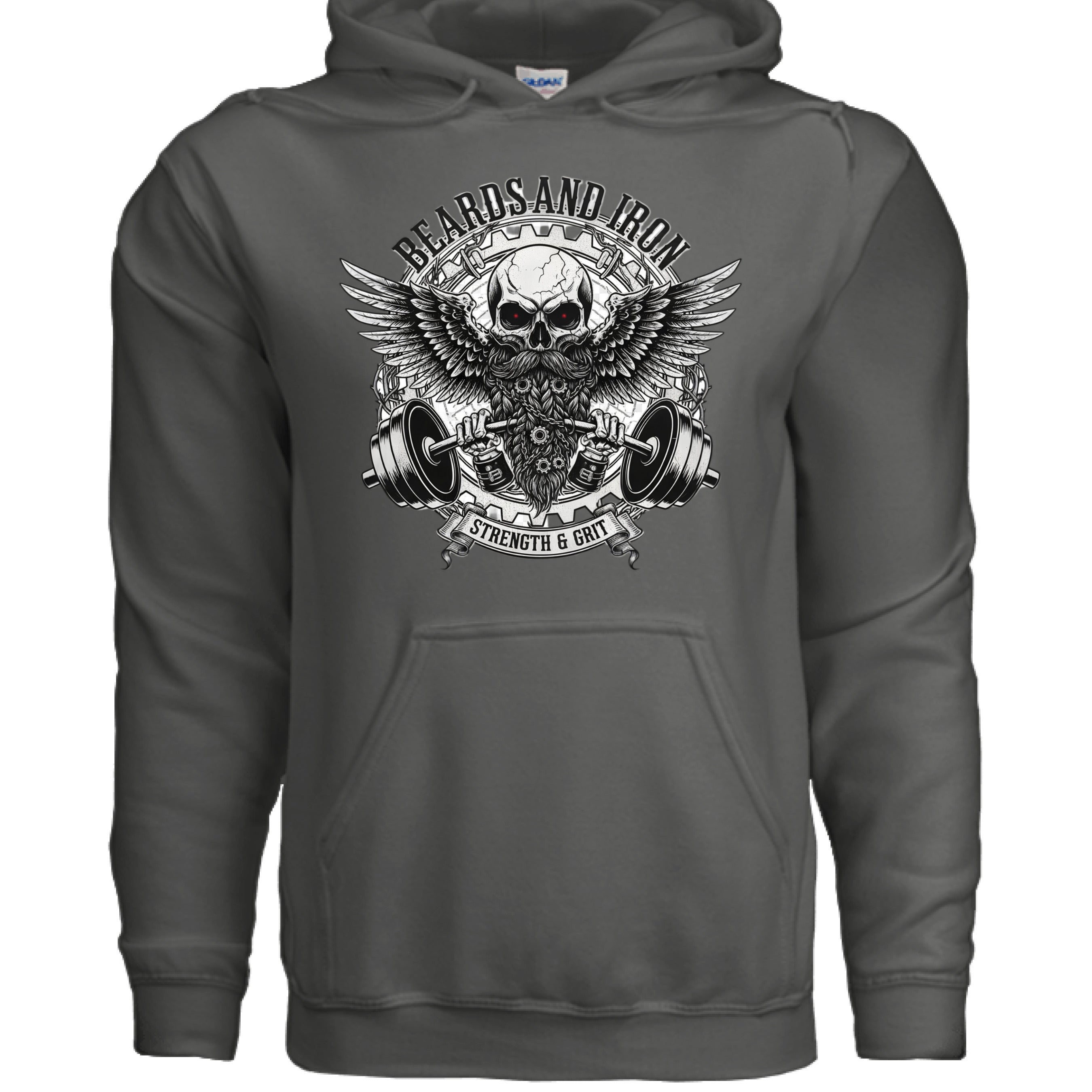 Beards and Iron Strength & Grit Hoodie Bearded Skull Lifting  CHARCOAL - FRONT