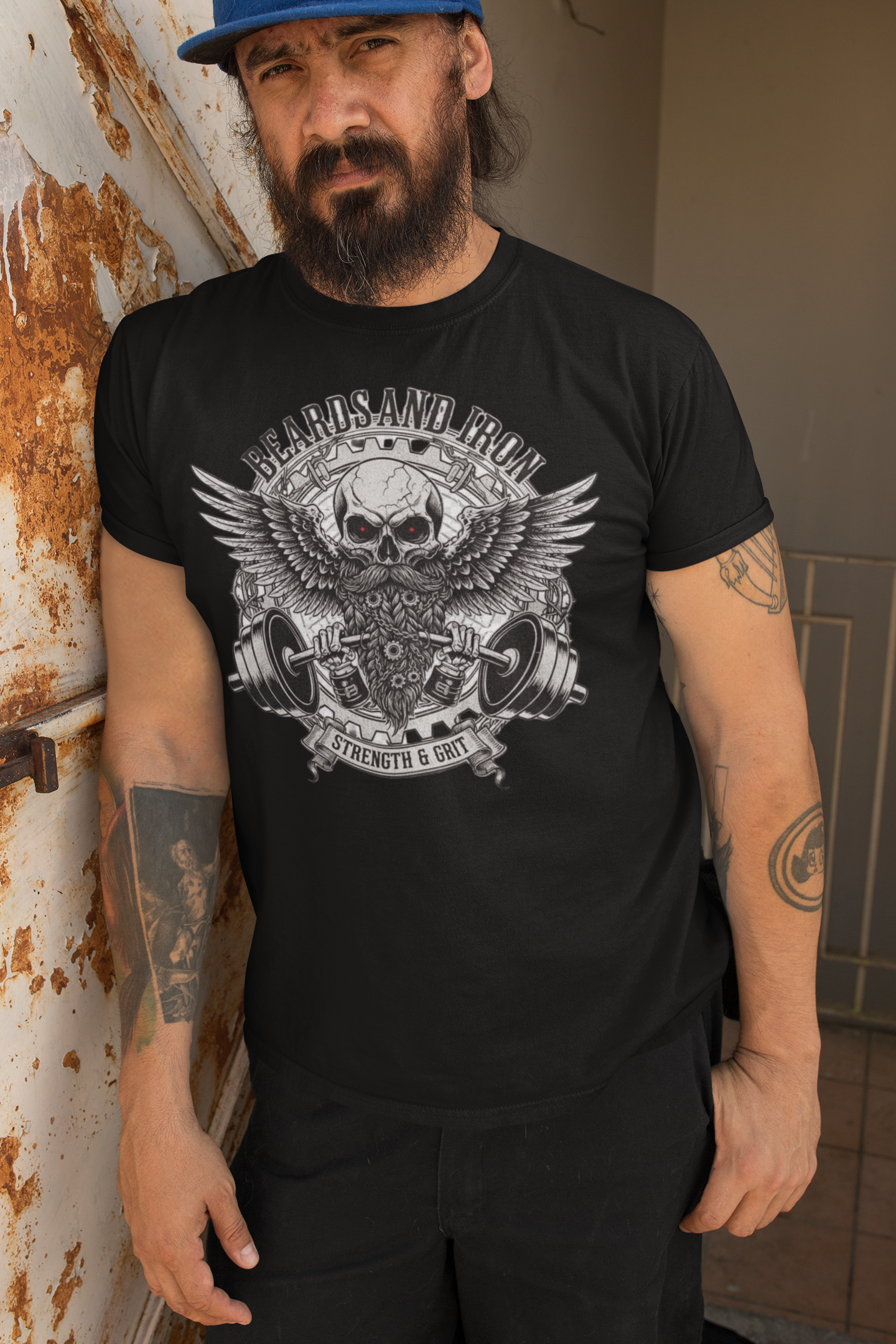 Beards and Iron Strength & Grit Tee Shirt Bearded Skull Lifting