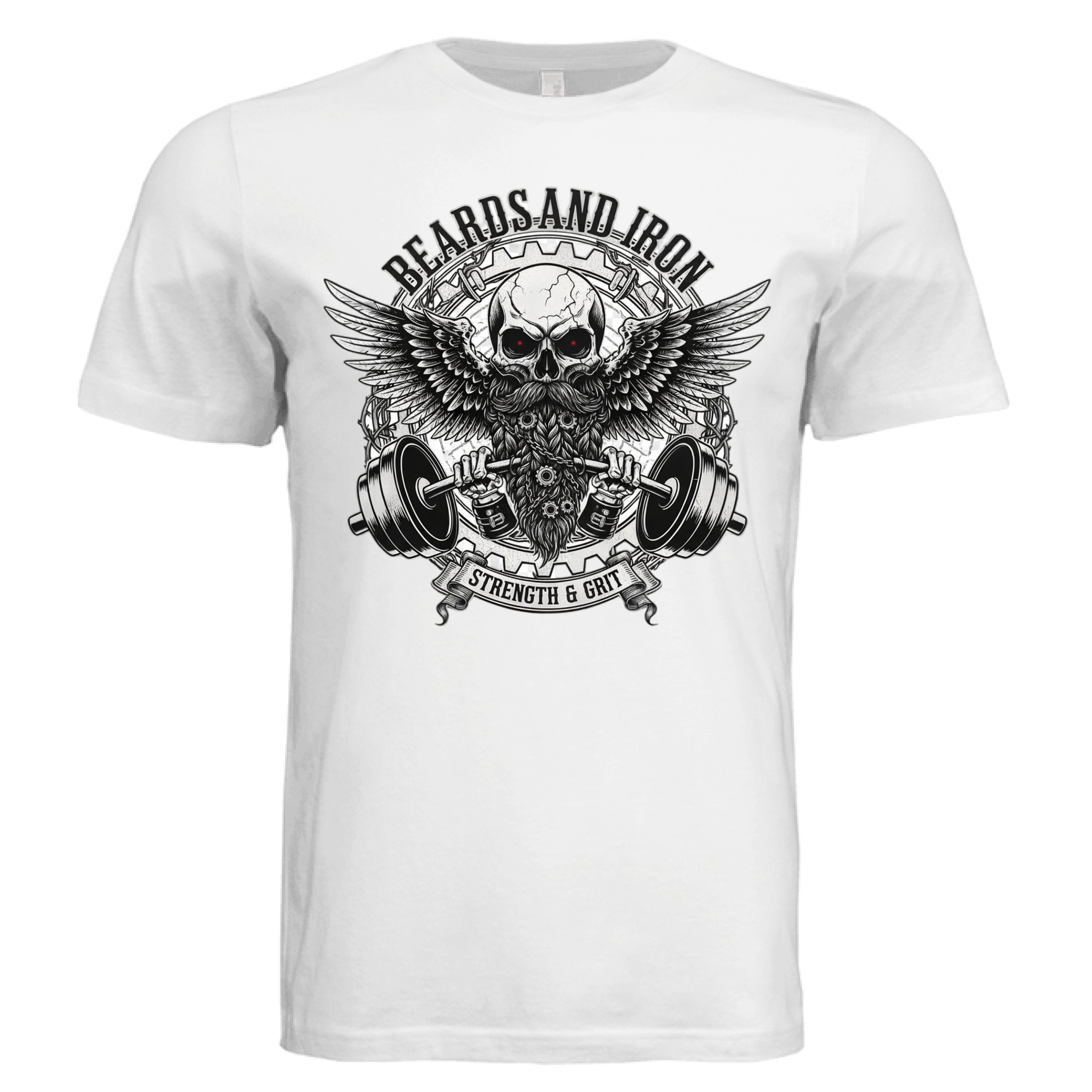 Beards and Iron Strength & Grit Tee Shirt Gothic Bearded Skull Lifting Art Design WHITE - FRONT