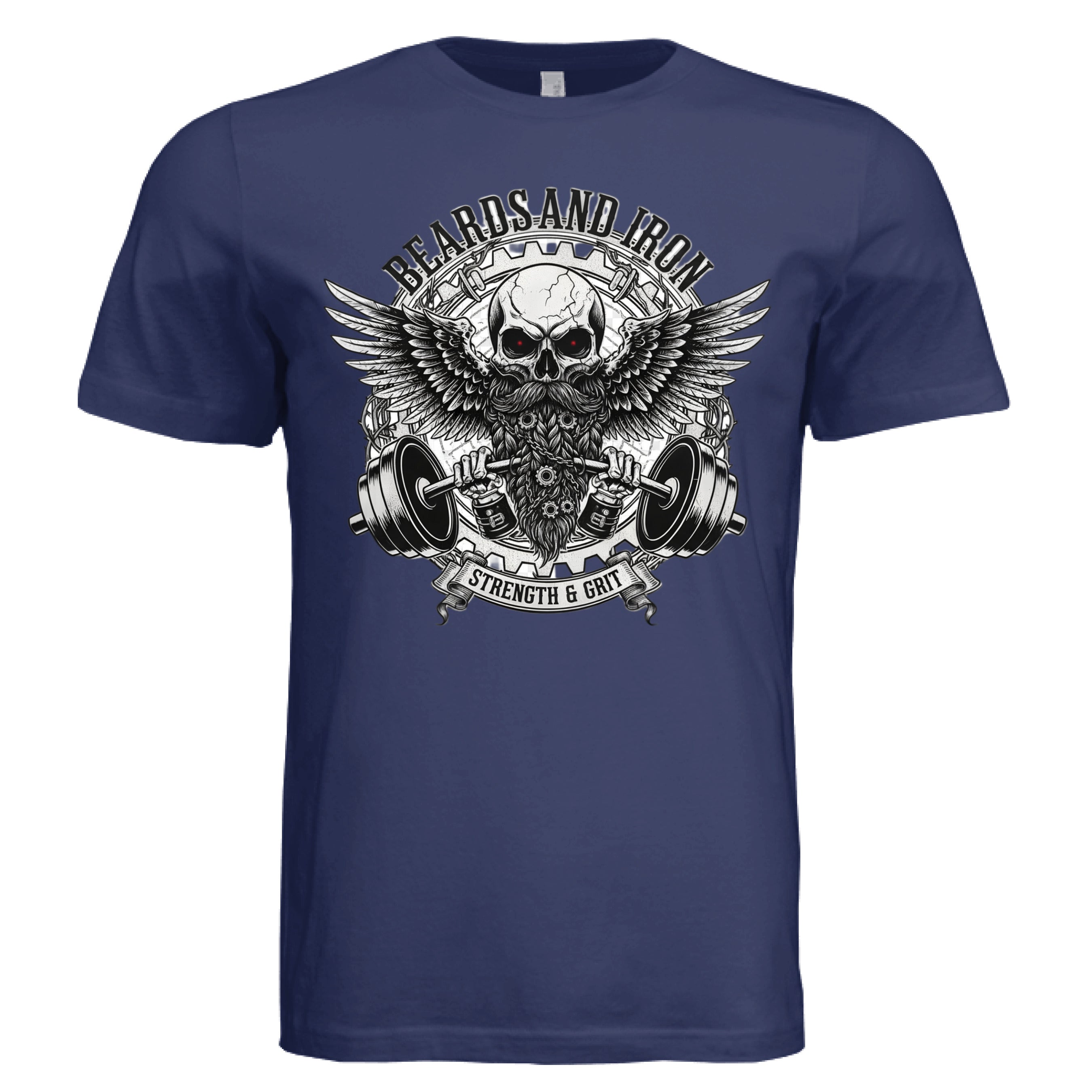 Beards and Iron Strength & Grit Tee Shirt Gothic Bearded Skull Lifting Art Design NAVY - FRONT