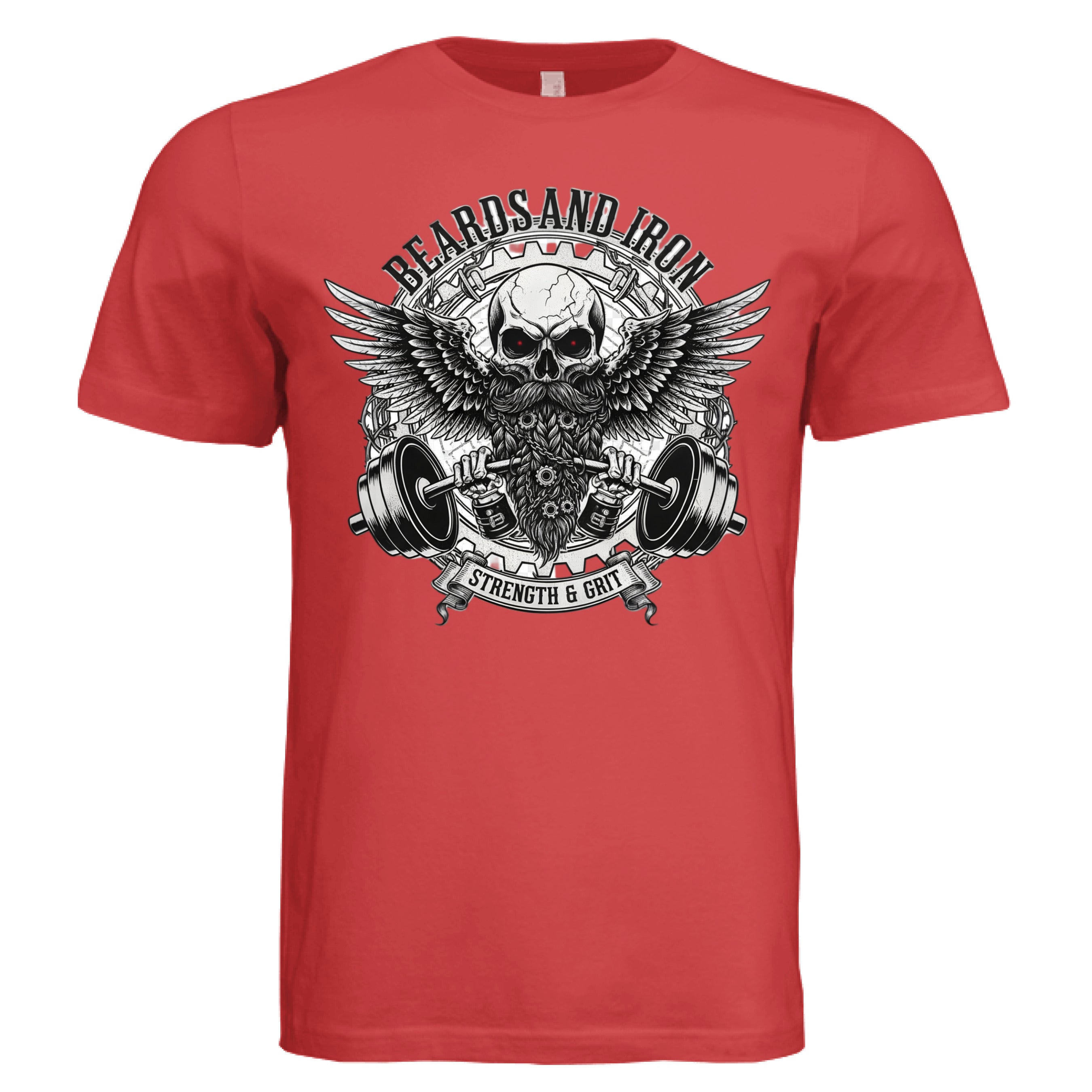 Beards and Iron Strength & Grit Tee Shirt Gothic Bearded Skull Lifting Art Design RED - FRONT