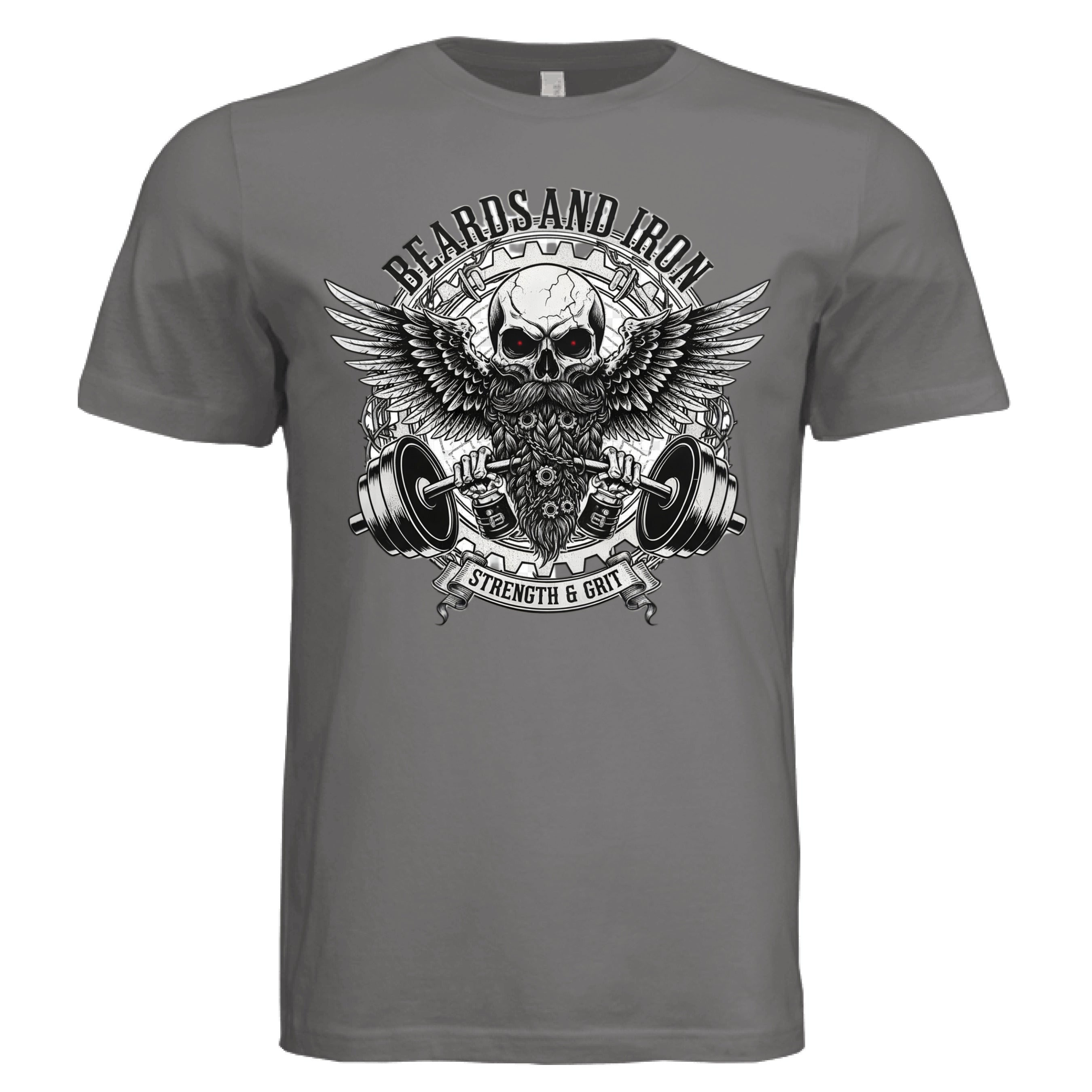 Beards and Iron Strength & Grit Tee Shirt Gothic Bearded Skull Lifting Art Design DARK GREY - FRONT