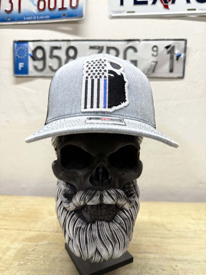 Blue Stripe American Flag Trucker Hat - Police Cap for Bearded Men Front