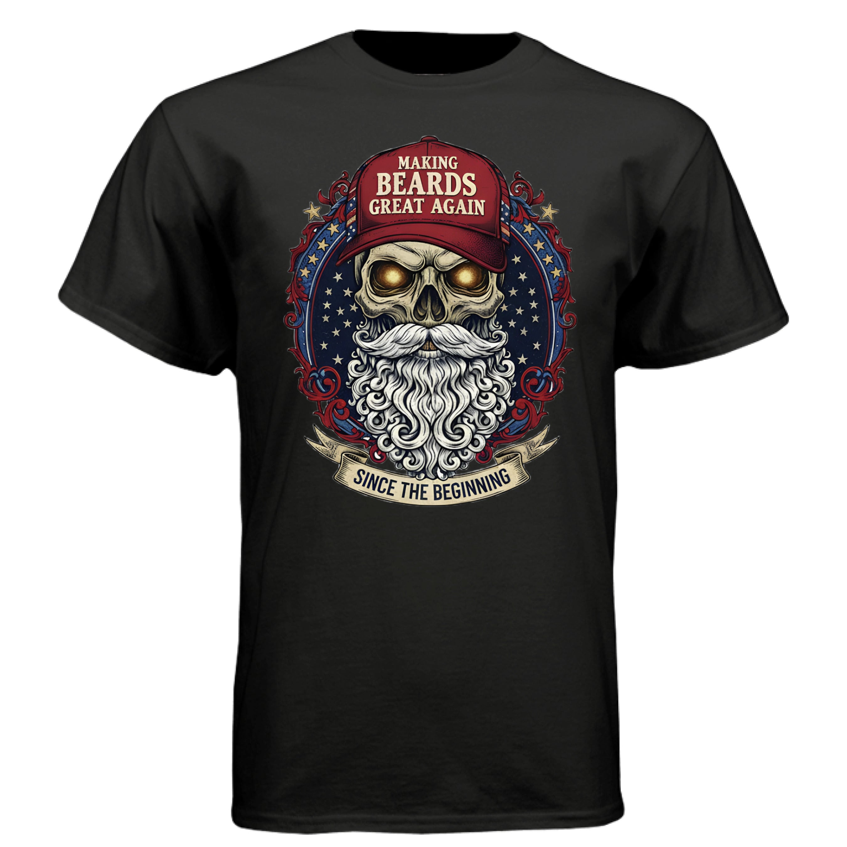 Bold Bearded Legacy Vintage Skull Art Tee Shirt with Patriotic Flair BLACK - FRONT
