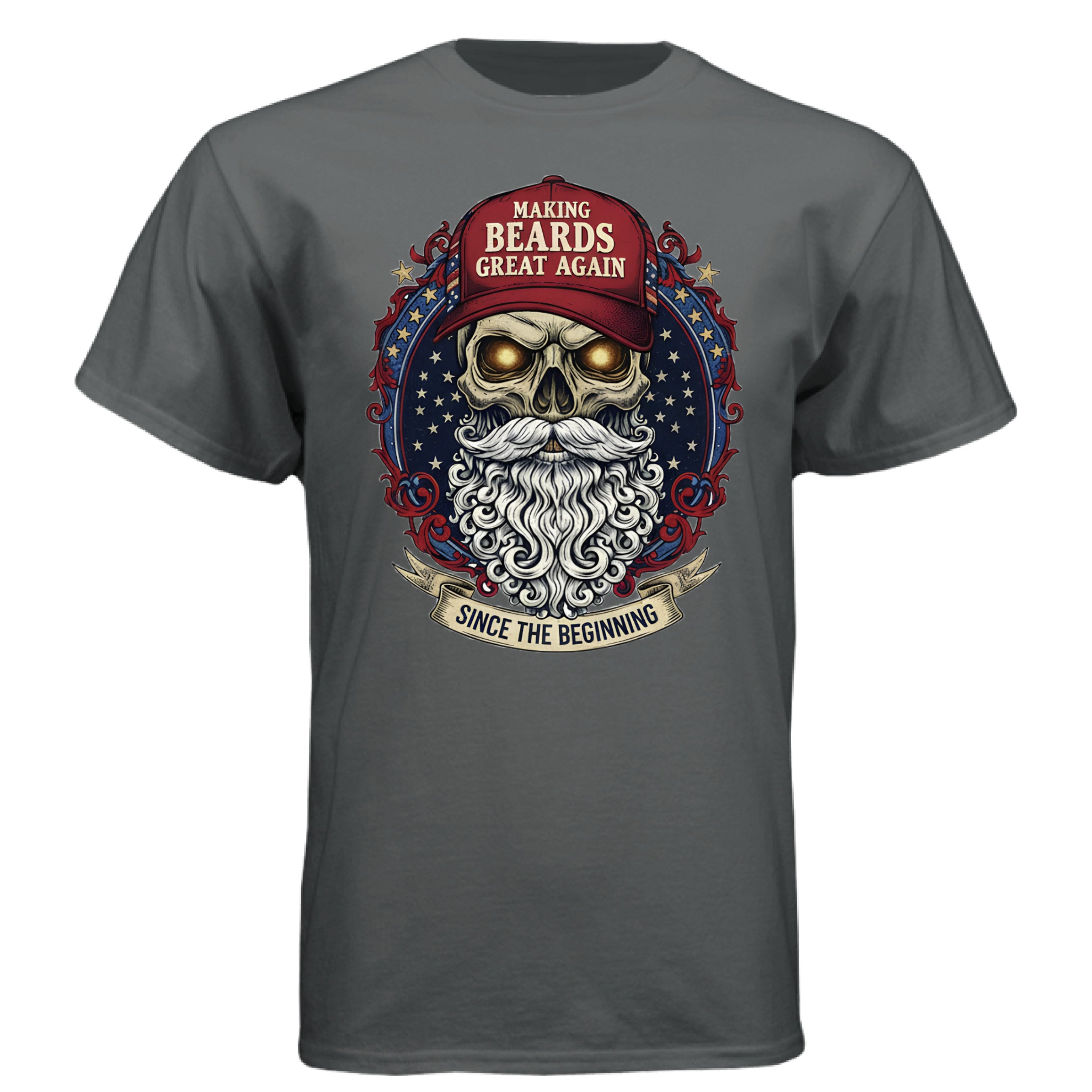 Bold Bearded Legacy Vintage Skull Art Tee Shirt with Patriotic Flair CHARCOAL HEATHER - FRONT