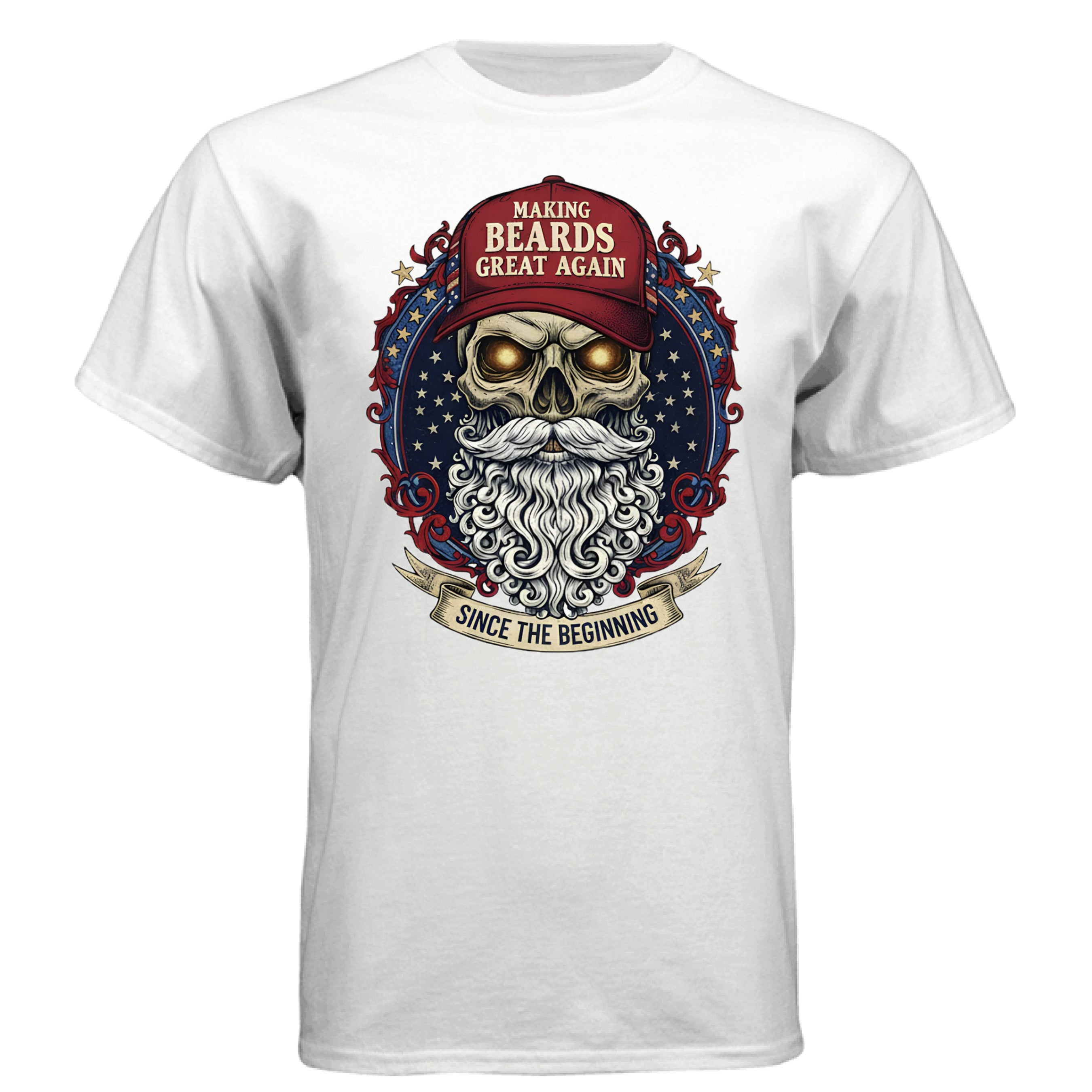 Bold Bearded Legacy Vintage Skull Art Tee Shirt with Patriotic Flair WHITE - FRONT
