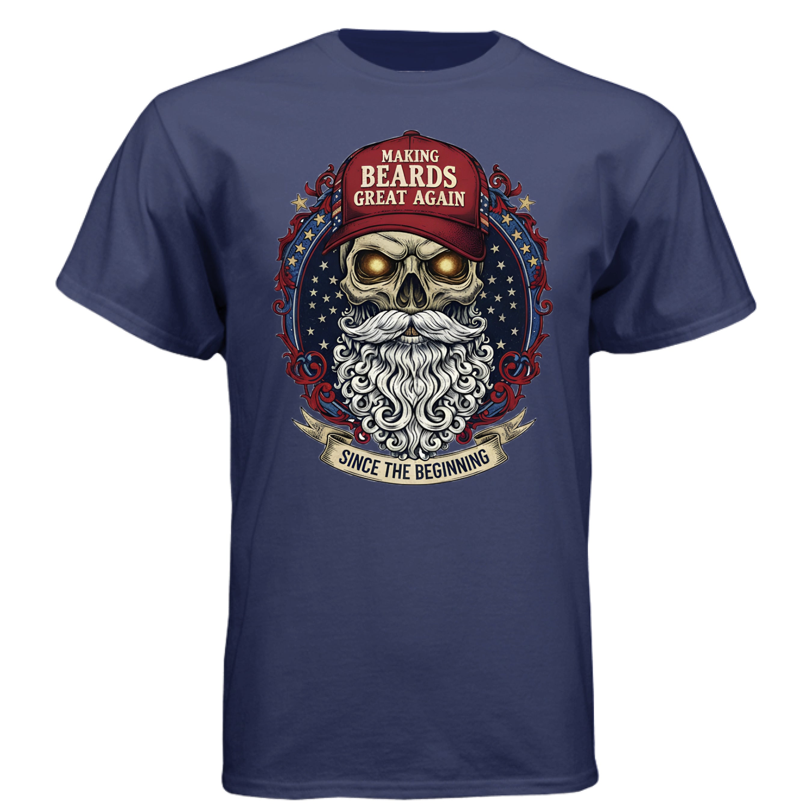 Bold Bearded Legacy Vintage Skull Art Tee Shirt with Patriotic Flair NAVY - FRONT