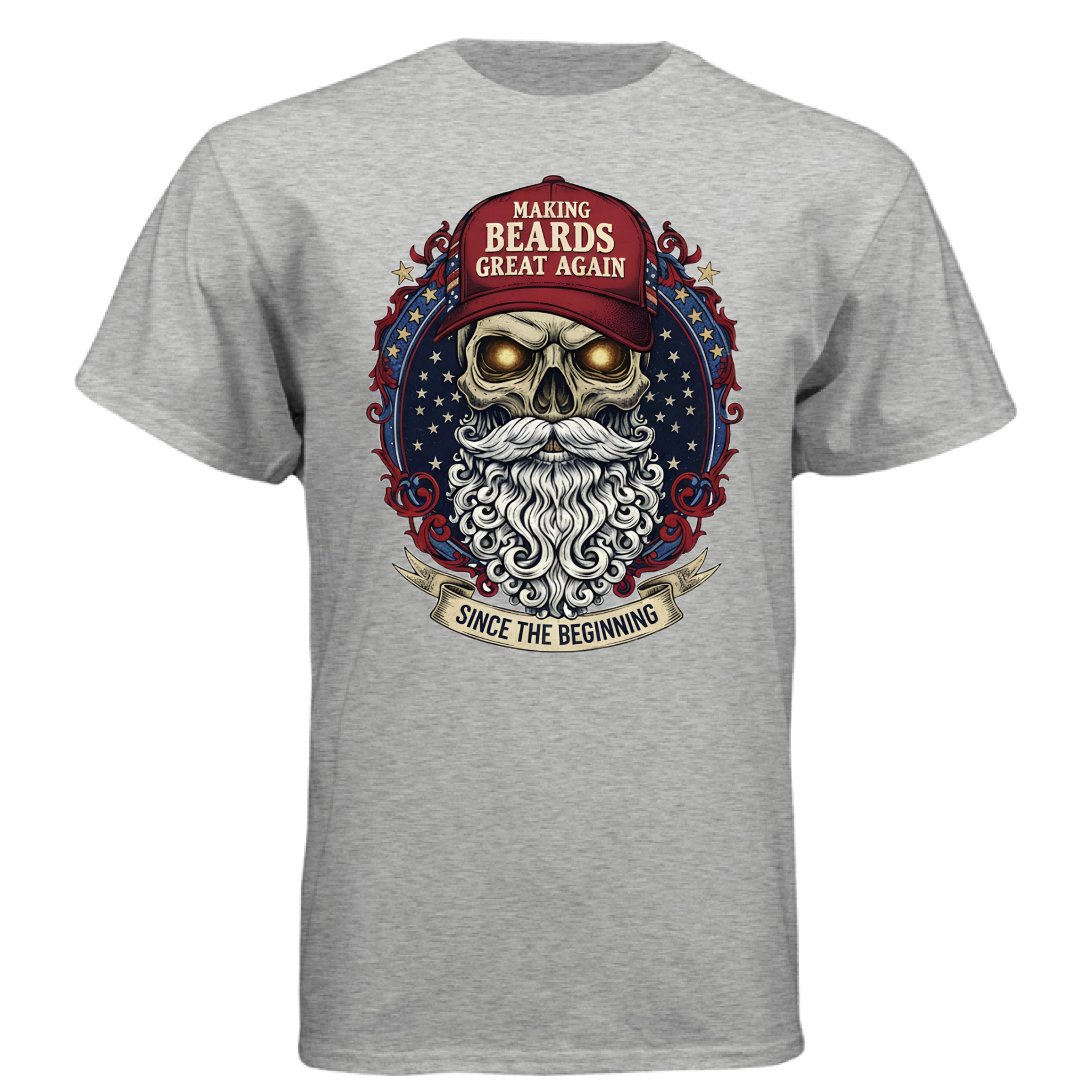 Bold Bearded Legacy Vintage Skull Art Tee Shirt with Patriotic Flair LIGHT STEEL - FRONT