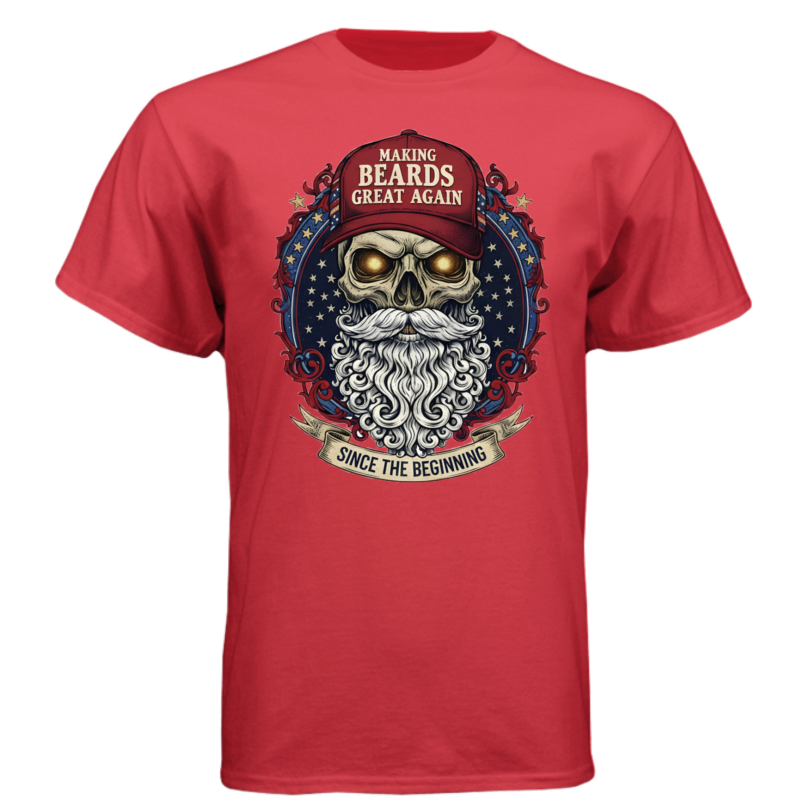 Bold Bearded Legacy Vintage Skull Art Tee Shirt with Patriotic Flair DEEP RED - FRONT