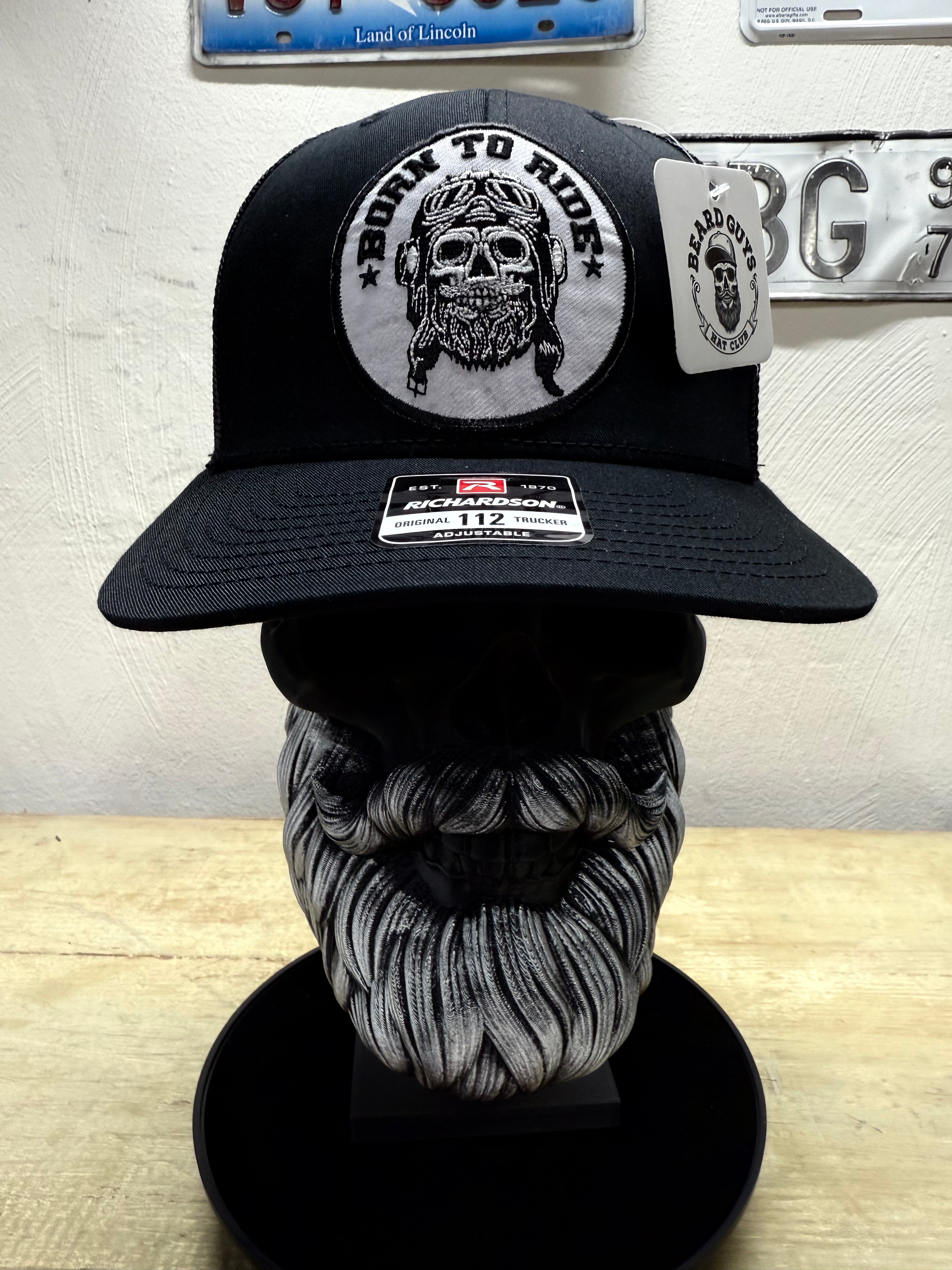 Born to Ride Biker Trucker Hats - Skull & Beard Embroidery Patch