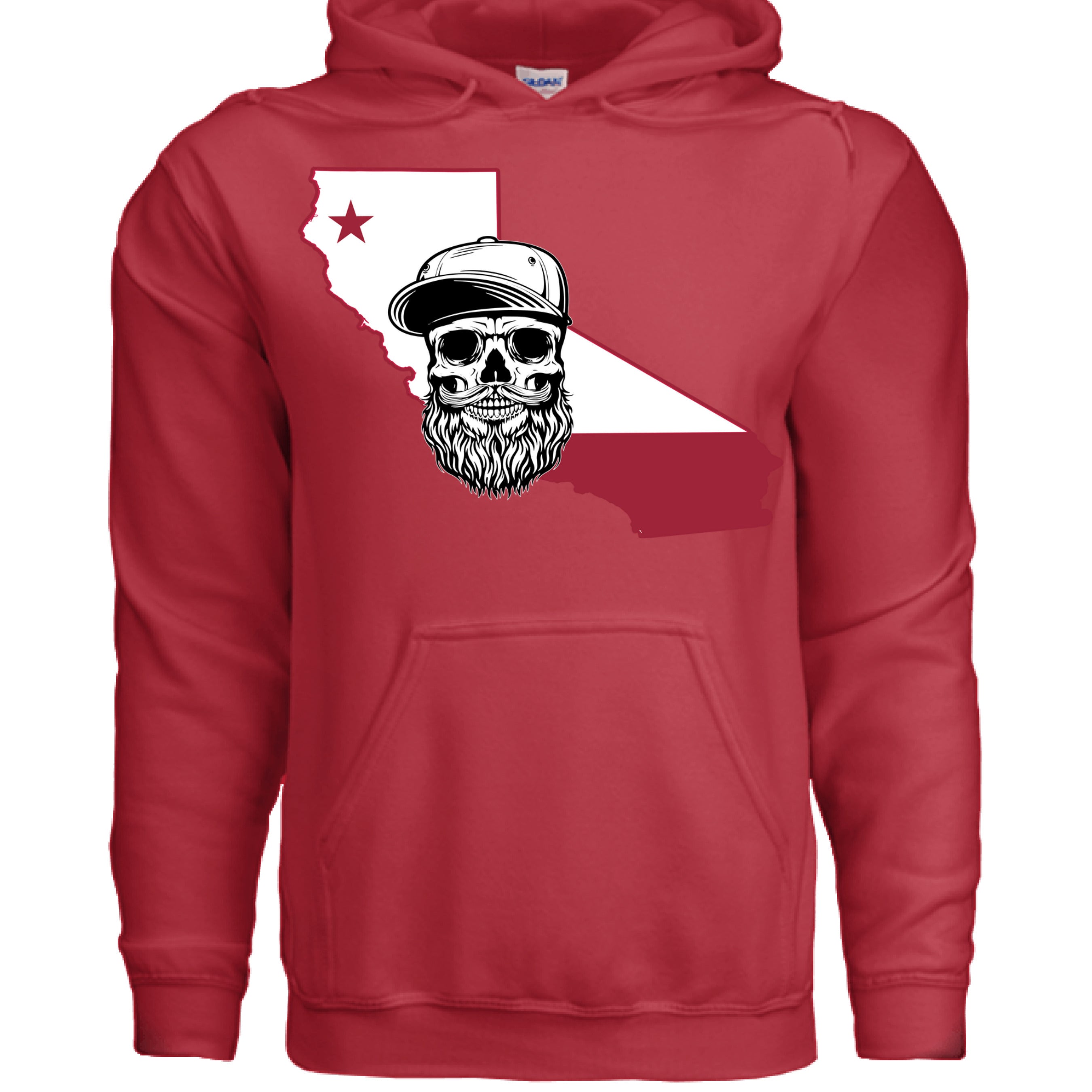 California Bearded Skull Hoodie West Coast Beard Life RED - FRONT