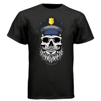 Bearded Cop Skull Police shirt featuring a skull with a beard and police hat, perfect for edgy fans.
