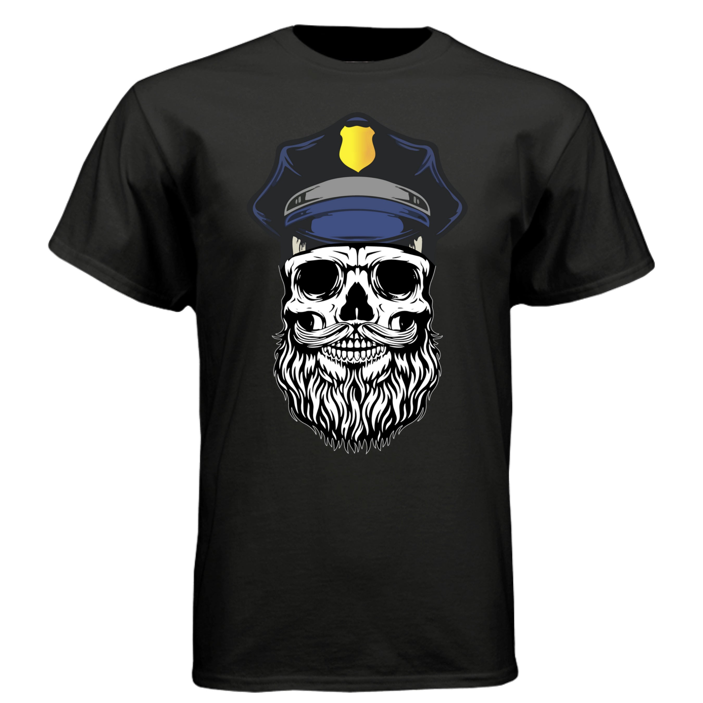 Bearded Cop Skull Police shirt featuring a skull with a beard and police hat, perfect for edgy fans.
