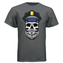 Bearded Cop Skull Police graphic on a dark gray t-shirt, featuring a skull with a beard and police hat.