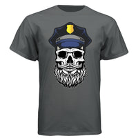 Bearded Cop Skull Police graphic on a dark gray t-shirt, featuring a skull with a beard and police hat.