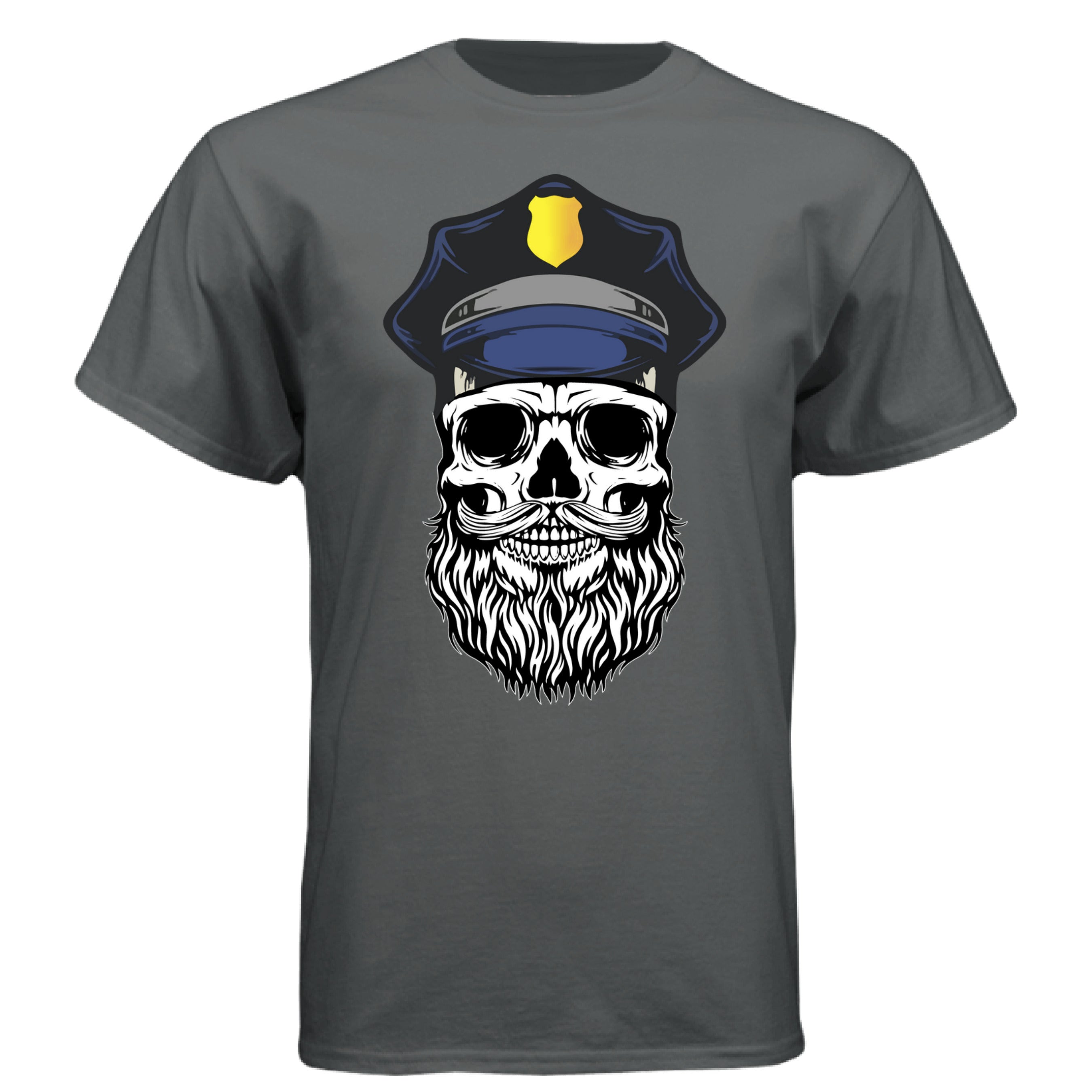 Bearded Cop Skull Police graphic on a dark gray t-shirt, featuring a skull with a beard and police hat.