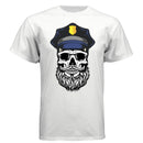 Bearded Cop Skull Police on a white t-shirt featuring a skull with a beard wearing a police hat.