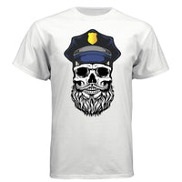 Bearded Cop Skull Police on a white t-shirt featuring a skull with a beard wearing a police hat.