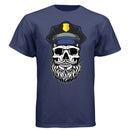 Bearded Cop Skull Police design on navy t-shirt featuring a skull with a beard and police officer's hat.