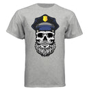 Bearded Cop Skull Police graphic on a gray T-shirt with hat detail, perfect for bold fashion statements.