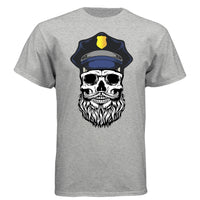 Bearded Cop Skull Police graphic on a gray T-shirt with hat detail, perfect for bold fashion statements.