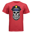 Bearded Cop Skull Police design on a red t-shirt featuring a skull with a beard and police officer hat.