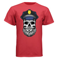 Bearded Cop Skull Police design on a red t-shirt featuring a skull with a beard and police officer hat.