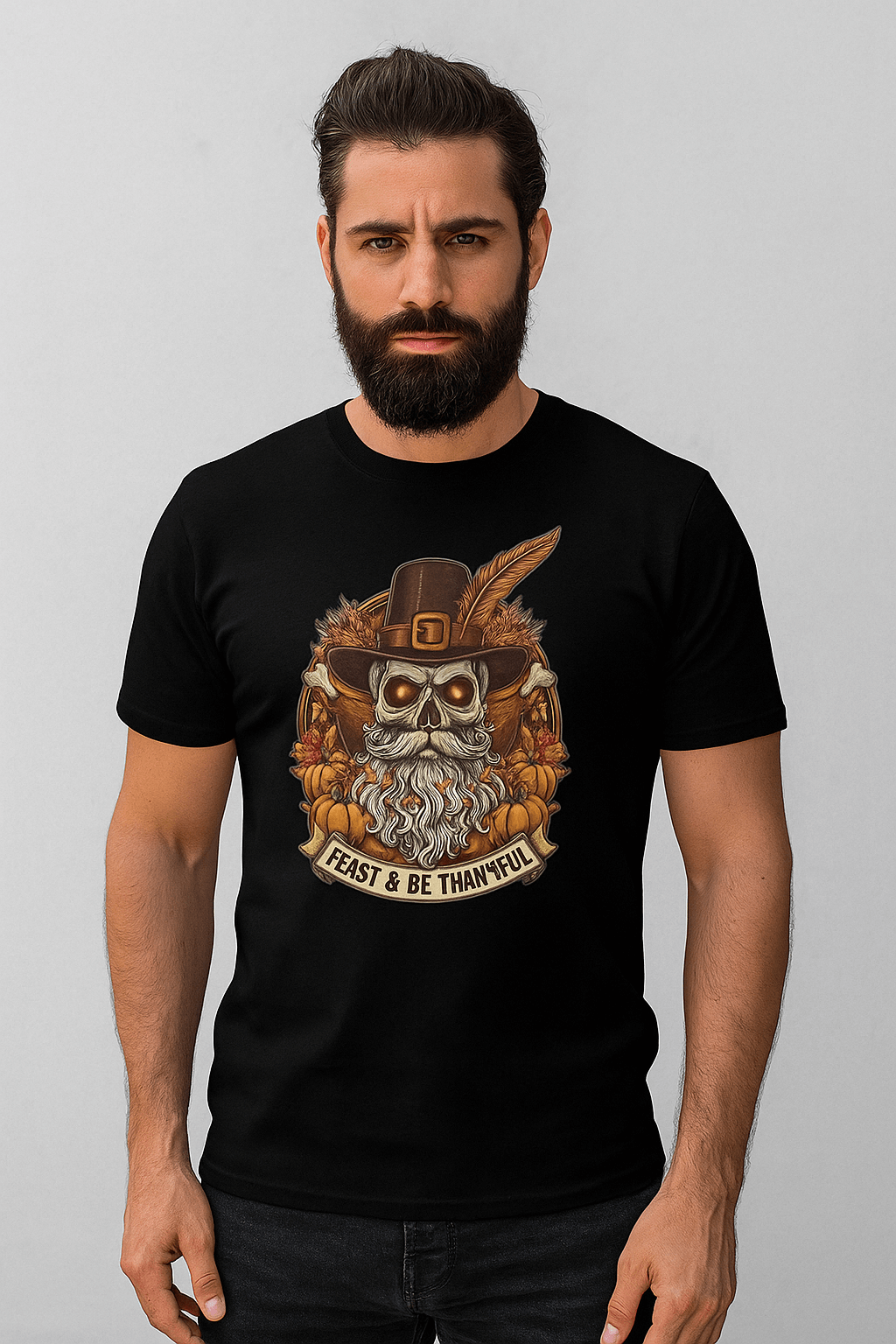 Feast & Be Thankful Bearded Skull Tee – Thanksgiving Beard Style pop