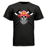 Firefighter Skull with Bearded Helmet Axes Art Tee Shirt Design BLACK - FRONT