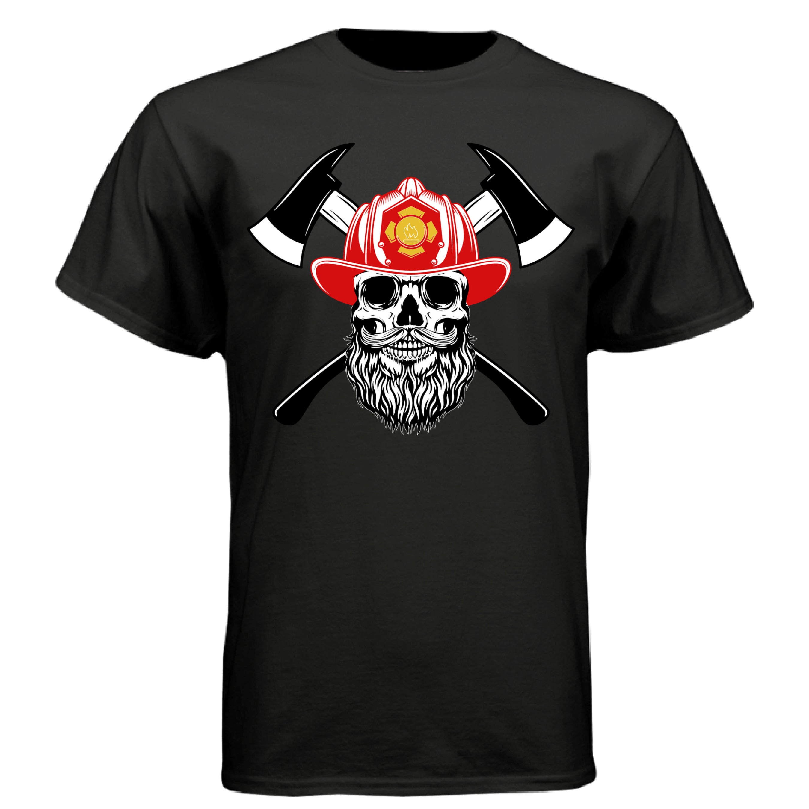 Firefighter Skull with Bearded Helmet Axes Art Tee Shirt Design BLACK - FRONT
