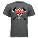 Firefighter Skull with Bearded Helmet Axes Art Tee Shirt Design CHARCOAL HEATHER - FRONT