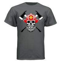 Firefighter Skull with Bearded Helmet Axes Art Tee Shirt Design CHARCOAL HEATHER - FRONT