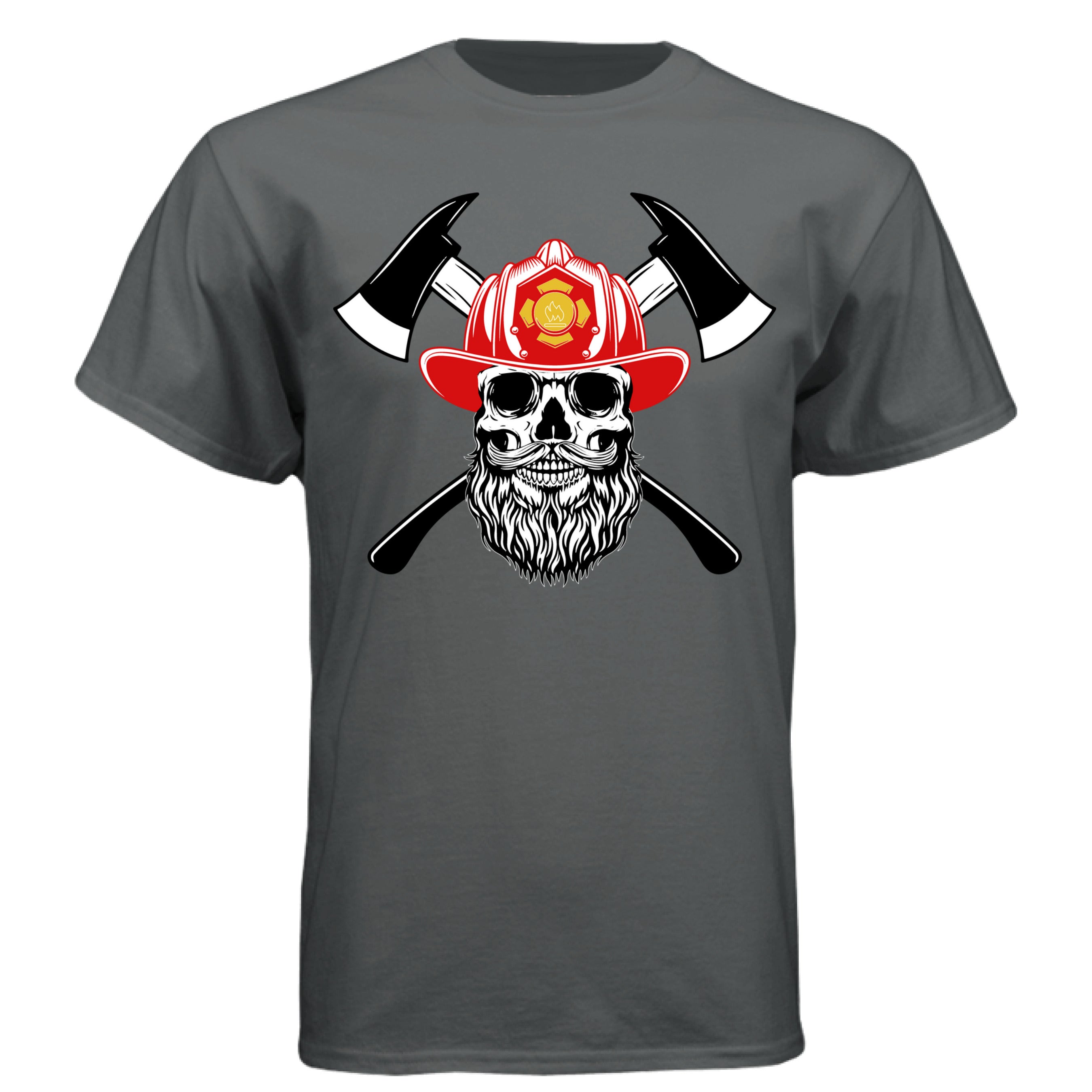 Firefighter Skull with Bearded Helmet Axes Art Tee Shirt Design CHARCOAL HEATHER - FRONT