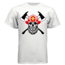 Firefighter Skull with Bearded Helmet Axes Art Tee Shirt Design WHITE - FRONT