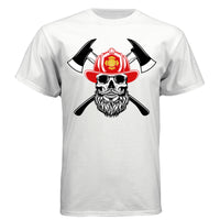 Firefighter Skull with Bearded Helmet Axes Art Tee Shirt Design WHITE - FRONT