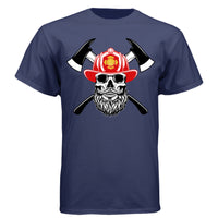 Firefighter Skull with Bearded Helmet Axes Art Tee Shirt Design NAVY - FRONT