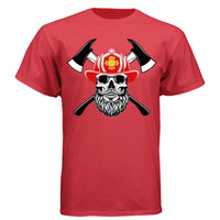 Firefighter Skull with Bearded Helmet Axes Art Tee Shirt Design DEEP RED - FRONT